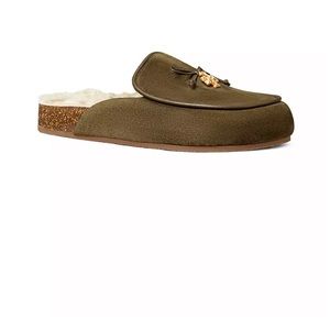 Tory Burch Olive Suede Shearling Lined Slip-On Slippers with Gold Logo